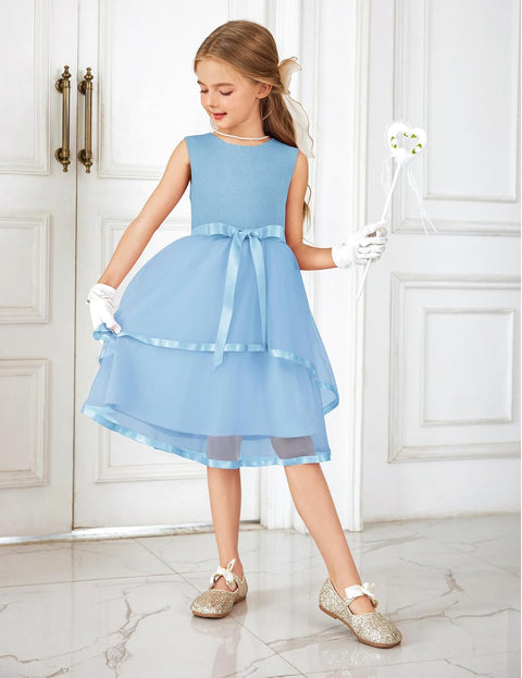 Arshiner Girls Dress Formal Party Fluffy Tulle Sleeveless Belted Dresses 3-11Y