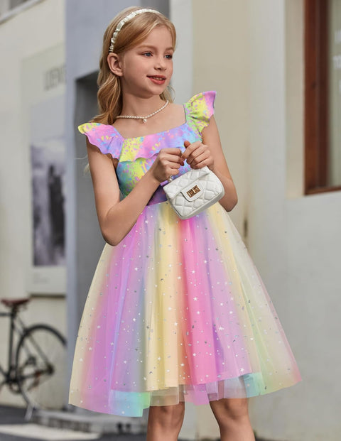 Arshiner Girls Dresses Square Neck Ruffle Sleeve Tulle Dress 6-14 Years