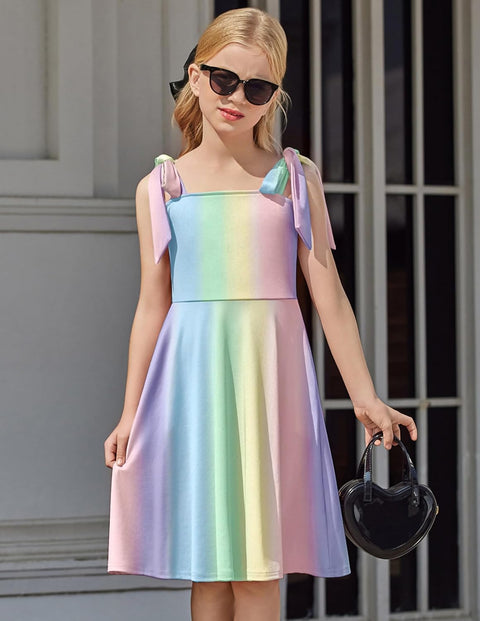 [6Y-11Y] Arshiner Girls Dress Tie Strap Solid Color Party Dresses