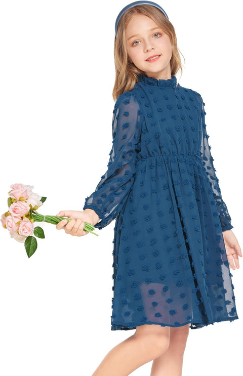 Arshiner Girls Dress Long Sleeve Swiss Dot Ruffle Collar Flowy A-Line Party Dress for Kids 5-13Y