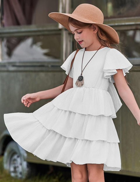 Arshiner Girls Dresses Elegant Ruffle Short Sleeve Back Tie Tiered Dresses