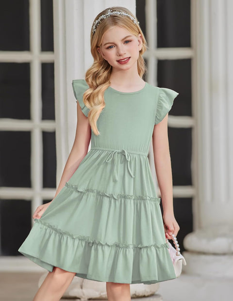 Arshiner Girl's Dress Ruffle Sleeve Tiered Dresses with Pockets 5-12 Years