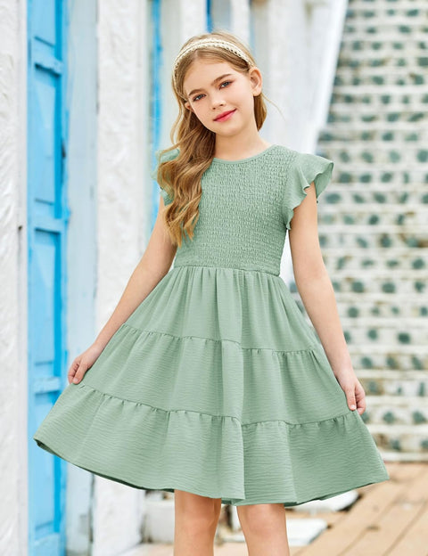 Arshiner Girls Dress Ruffle Sleeve Smocked Tiered Sundress