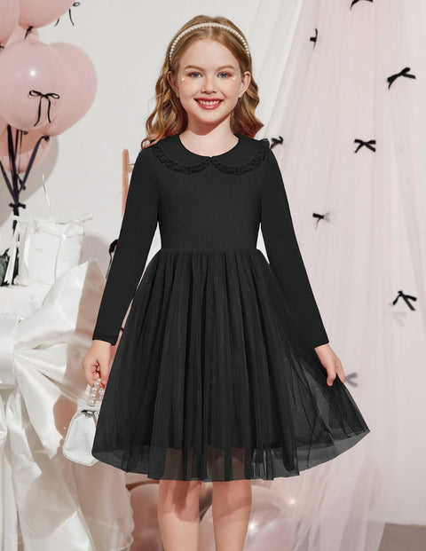 Arshiner Tutu Dress Girls Long Sleeve Peter Pan Collar Party Dresses