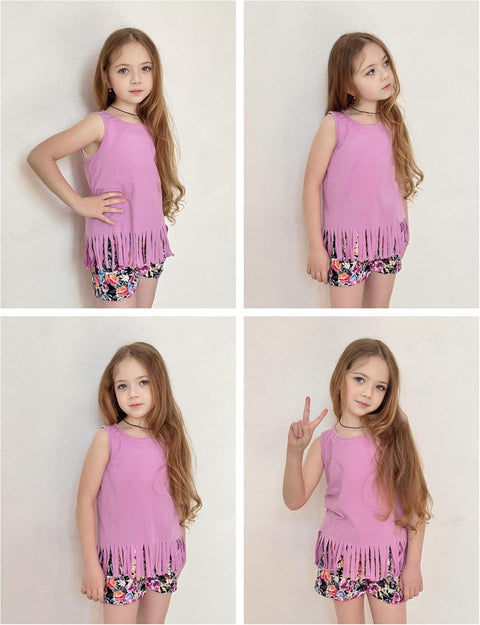 Arshiner Girls Summer Outfits Sleeveless Fringe Tank Top and Elastic Waist Pocketed Shorts Set Girl Clothes 6-14 Years