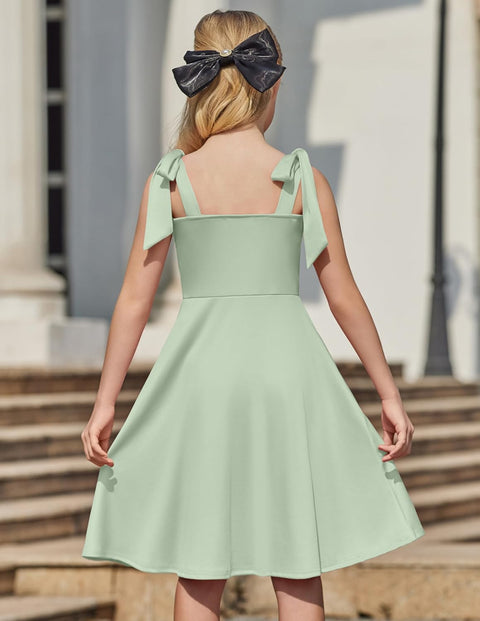 [6Y-11Y] Arshiner Girls Dress Tie Strap Solid Color Party Dresses