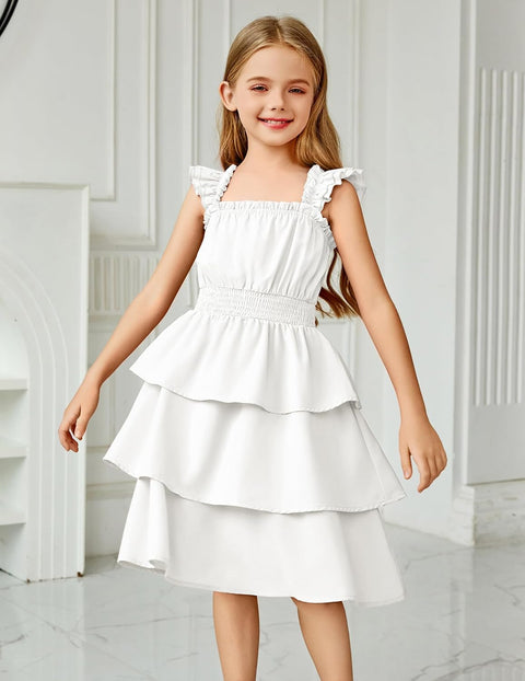 [6-14Y] Arshiner Girls Dresses Ruffle Flutter Sleeve Floral Tiered Party Dress