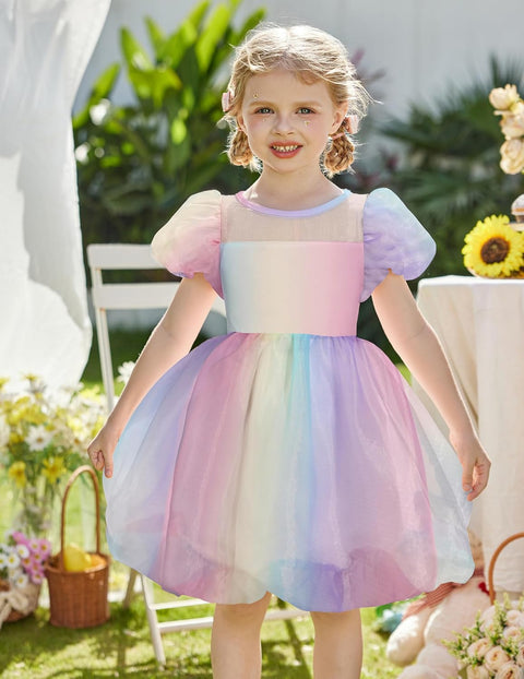 Arshiner Girls Dress Contrast Mesh Puff Flowy Bubble Hem Dresses