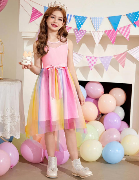 Arshiner Girls Dresses Formal Party Tulle Contrast Mesh Dress with Belt