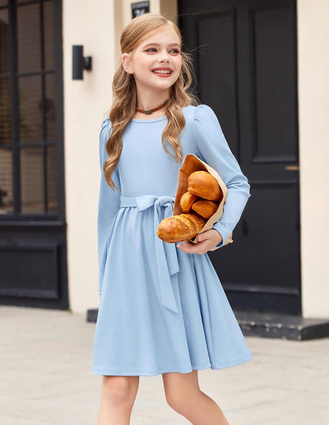 Arshiner Girls Dresses Puff Long Sleeve Formal Belted Dress