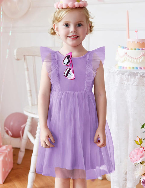【2-8Y】Arshiner Toddler Dress Ruffle Sleeve V-Back Tie Waist Girl Dresses