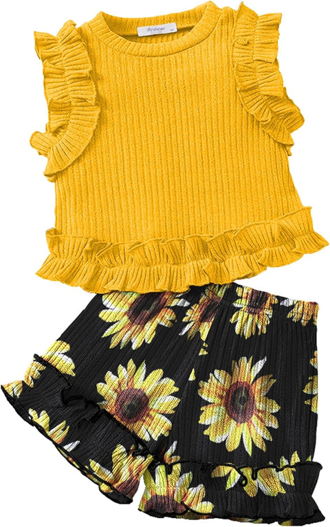 Arshiner Toddler Girls Clothes Ribbed Knit Ruffle Sleeveless Tops and Shorts with Pockets Cute Summer 2 Pieces Short Sets