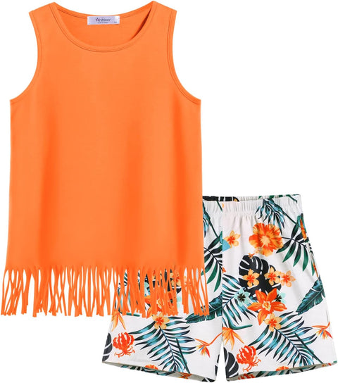 Arshiner Girls Summer Outfits Sleeveless Fringe Tank Top and Elastic Waist Pocketed Shorts Set Girl Clothes 6-14 Years