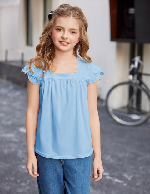 Arshiner Girls Shirts Short Sleeve Square Neck Lace Pleated Tops Blouse Tunic