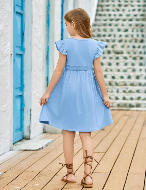 Arshiner Girls Dresses Ruffle Sleeve A-Line V-Neck Sundress