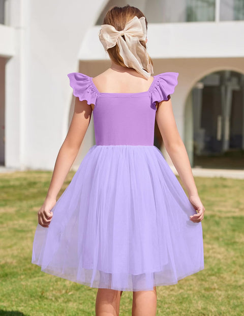 Arshiner Girls Dresses Square Neck Ruffle Sleeve Tulle Dress 6-14 Years