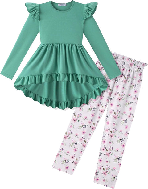 Arshiner Toddler Girl Ruffle Trim Long Sleeve Top and Floral Print Leggings Sets