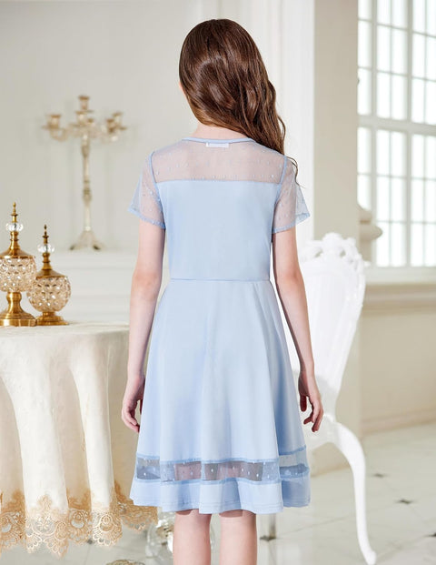 Arshiner Tween Girls Dress Formal Contrast Mesh Short Sleeve A Line Party Dresses