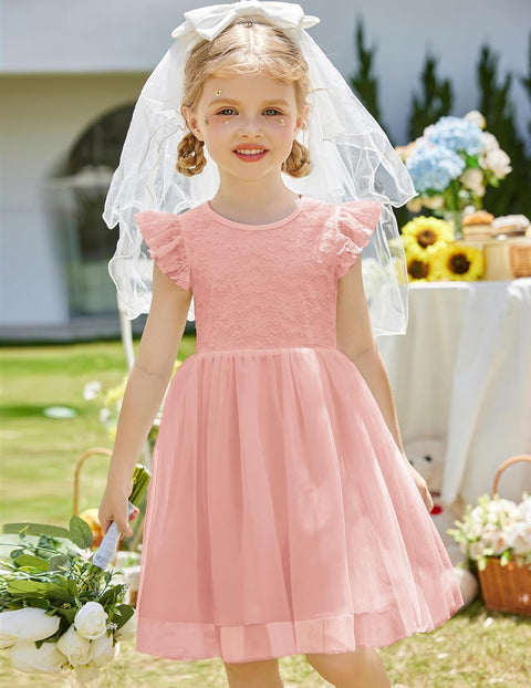 【2-8Y】Arshiner Toddler Lace Tutu Dresses Ruffle Sleeve 3 Layers Tulle Flower Dress