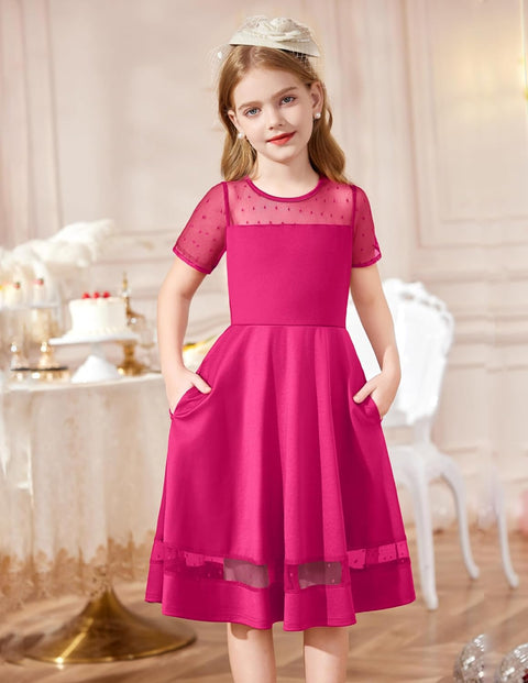 Arshiner Tween Girls Dress Formal Contrast Mesh Short Sleeve A Line Party Dresses