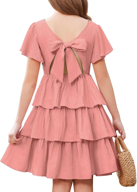 Arshiner Girls Dresses Elegant Ruffle Short Sleeve Back Tie Tiered Dresses