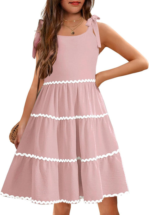 Arshiner Girl's Sundresses Boho Tie Shoulder Cami Midi Tiered Dresses