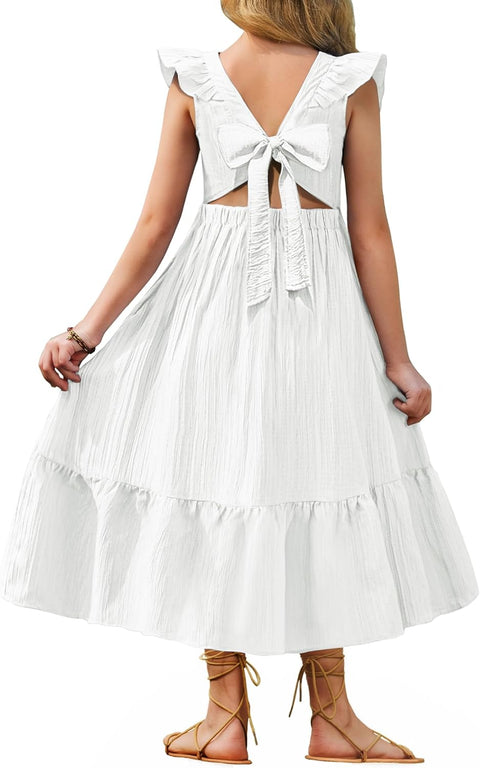 Arshiner Girls Tie Back Dress Tween Boho Flutter Sleeve Maxi Dresses