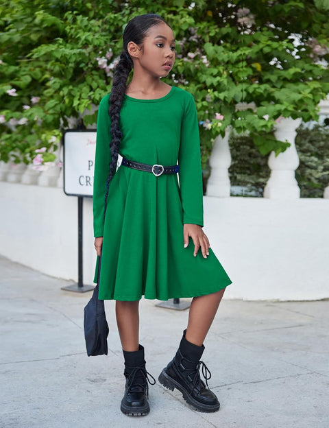 Arshiner Girls Long Sleeve Stretchy Dress A line Twirly Skater School Party Dress