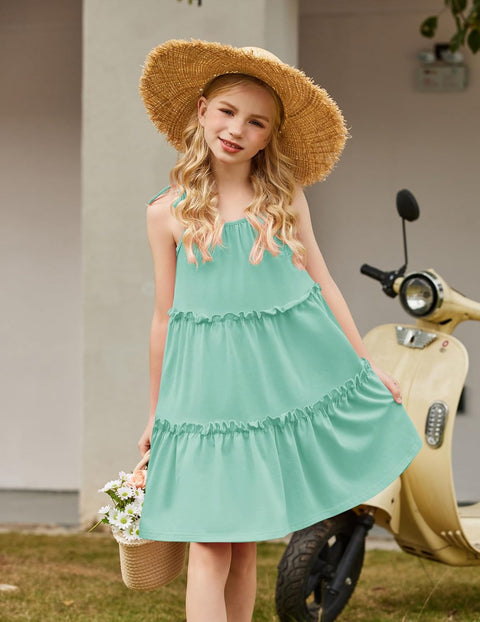 Arshiner Girl Dresses Boho A-Line Swing Flowy Ruffle Tiered Sundress with Pockets