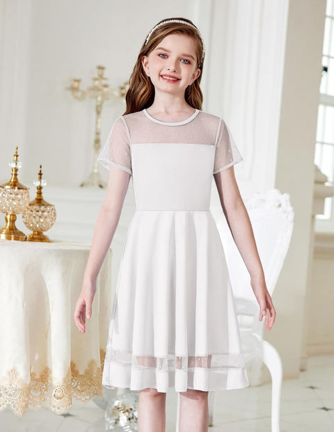 Arshiner Tween Girls Dress Formal Contrast Mesh Short Sleeve A Line Party Dresses