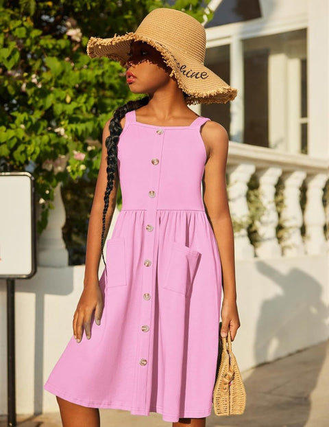Arshiner Girl's Spaghetti Strap Button Down Midi Sleeveless Sundress