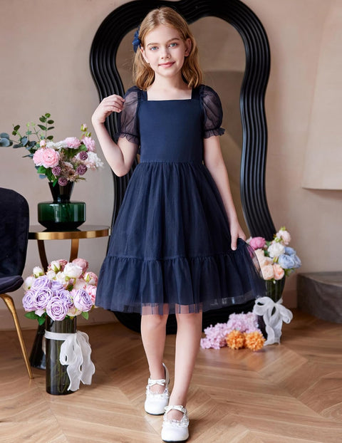 【6-16Y】Arshiner Girls Dresses Tulle Bow Tie Back Puff Sleeve Dress
