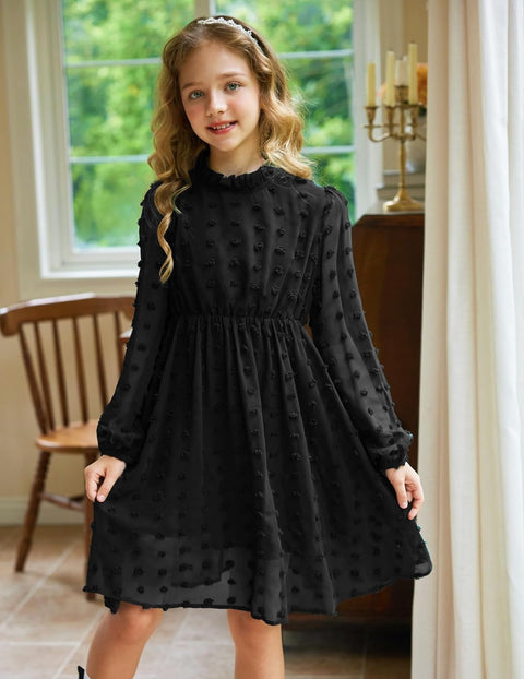 Arshiner Girls Dress Long Sleeve Swiss Dot Ruffle Collar Flowy A-Line Party Dress for Kids 5-13Y