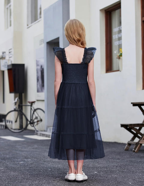 Arshiner Tween Girls Dress Ruffle Sleeve Elastic Straps Smocked Tulle Sundress