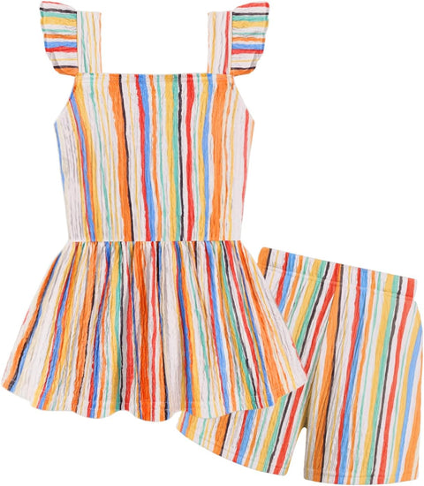 Arshiner Toddler Girl Clothes 2 Piece Summer Outfit Ruffle Sleeveless Top and Shorts Set with Pockets 2-7Y