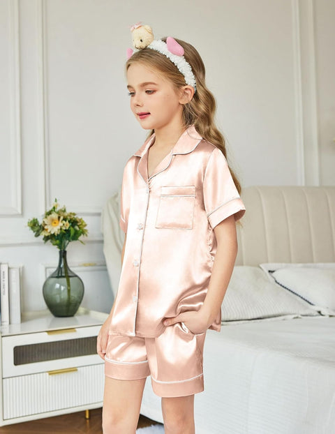 Arshiner Girls Pajamas Silk Satin Pajama Sleepwear Button Down Pj Set
