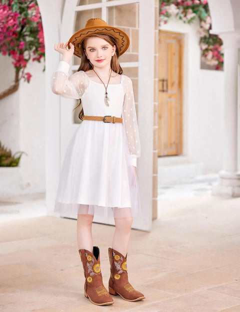 Arshiner Girl Tulle Dress Puff Long Sleeve Teen Girls Party Casual Dresses