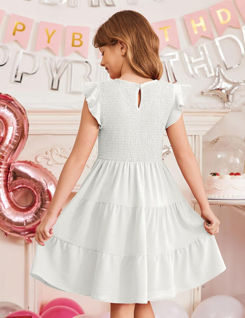 Arshiner Girls Dress Ruffle Sleeve Smocked Tiered Sundress