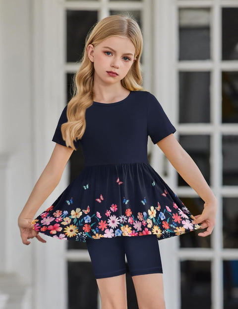 Arshiner Girls Summer Outfits Short Sleeve Ruffle Hem Top and Biker Shorts Set Girl Clothes 6-14 Years