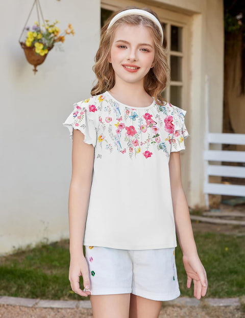 Arshiner Girls T Shirts Ruffle Short Sleeve Pleated Casual Tops