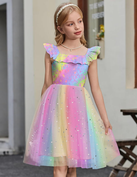 Arshiner Girls Dresses Square Neck Ruffle Sleeve Tulle Dress 6-14 Years