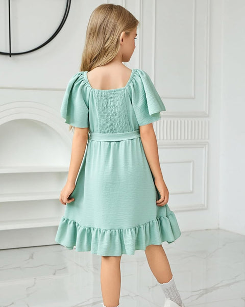 Arshiner Girls Dresses Kids Square Neck Ruffle Hem Belted Dress