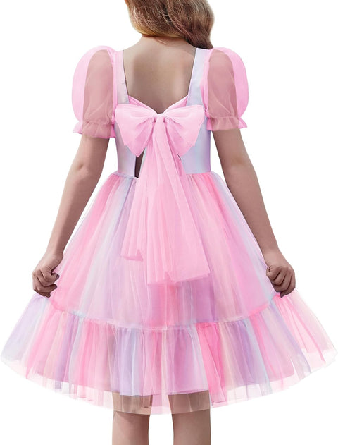 【6-16Y】Arshiner Girls Dresses Tulle Bow Tie Back Puff Sleeve Dress