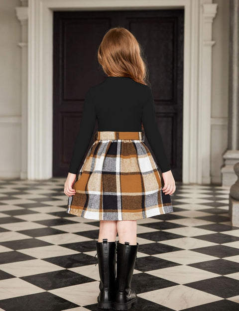 Arshiner Girls Dresses Long Sleeve Rib Knit Plaid Patchwork Belted Dress