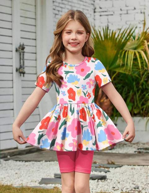 Arshiner Girls Summer Outfits Short Sleeve Ruffle Hem Top and Biker Shorts Set Girl Clothes 6-14 Years