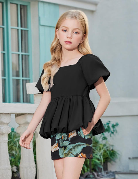 Arshiner Girls 2 Piece Sets Puffed Sleeve Bubble Hem Tops and Short Set