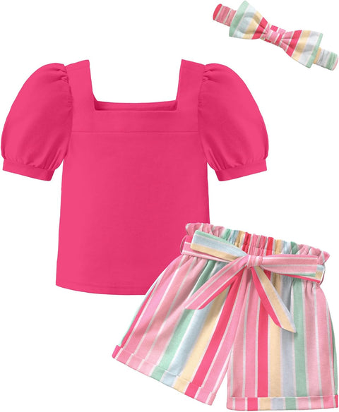 【 2-8Y】Arshiner Toddler Girl Puff Sleeve Tops + Shorts + Headband 3pcs Sets