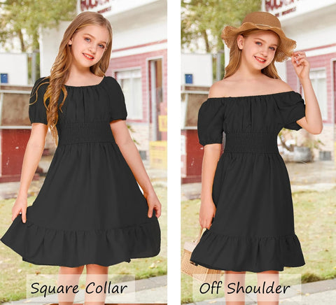 Arshiner Girls Tie Back Short Sleeve Ruffle Hem Off Shoulder Dresses