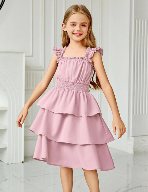 [6-14Y] Arshiner Girls Dresses Ruffle Flutter Sleeve Floral Tiered Party Dress