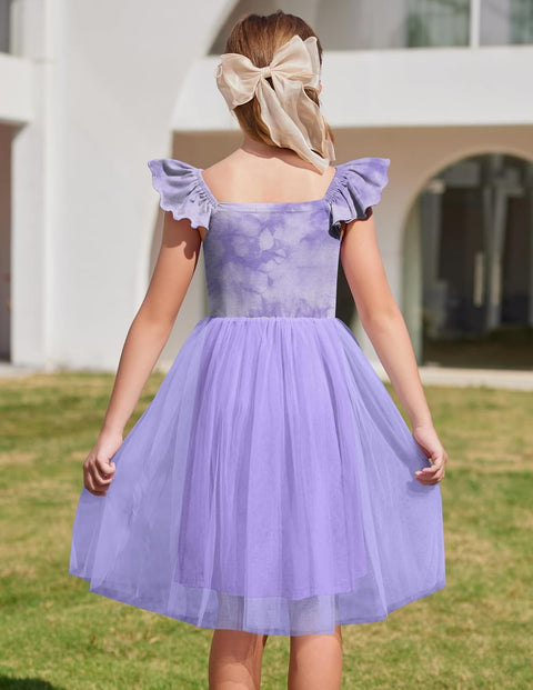 Arshiner Girls Dresses Square Neck Ruffle Sleeve Tulle Dress 6-14 Years